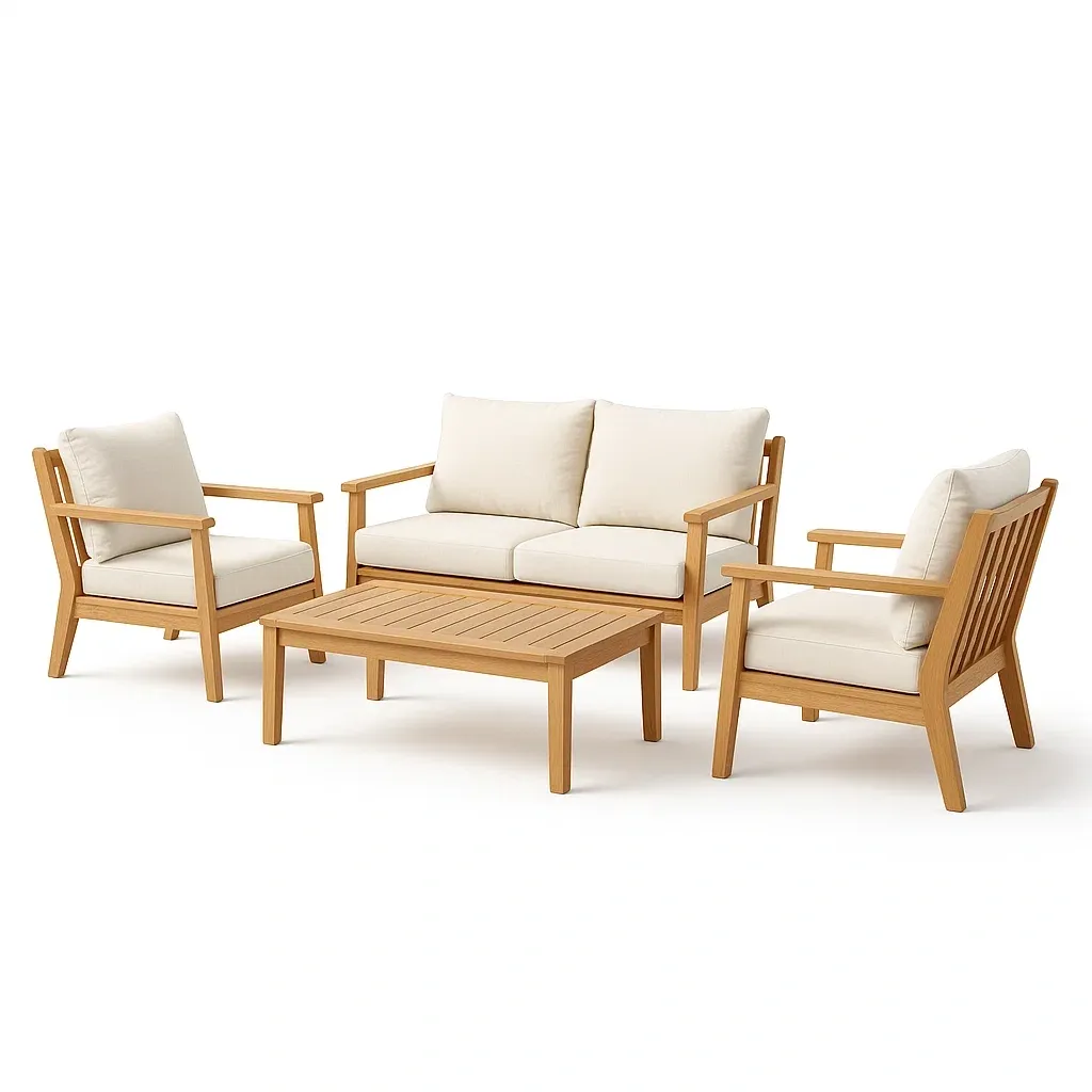 Set salotto in legno massello con poltrone, divano e tavolino con cuscini crema