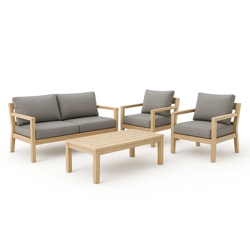 Set salotto in legno con cuscini in poliestere grigio