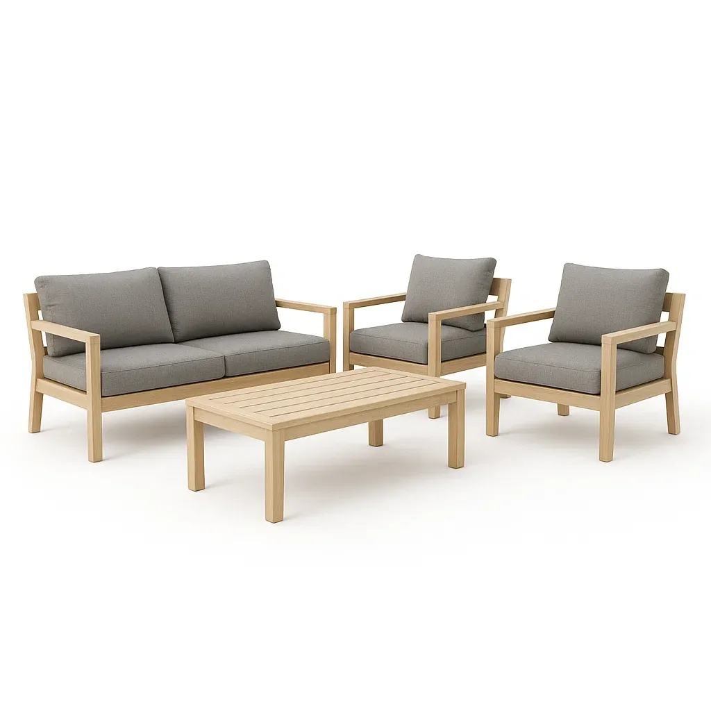 Set salotto in legno con cuscini in poliestere grigio