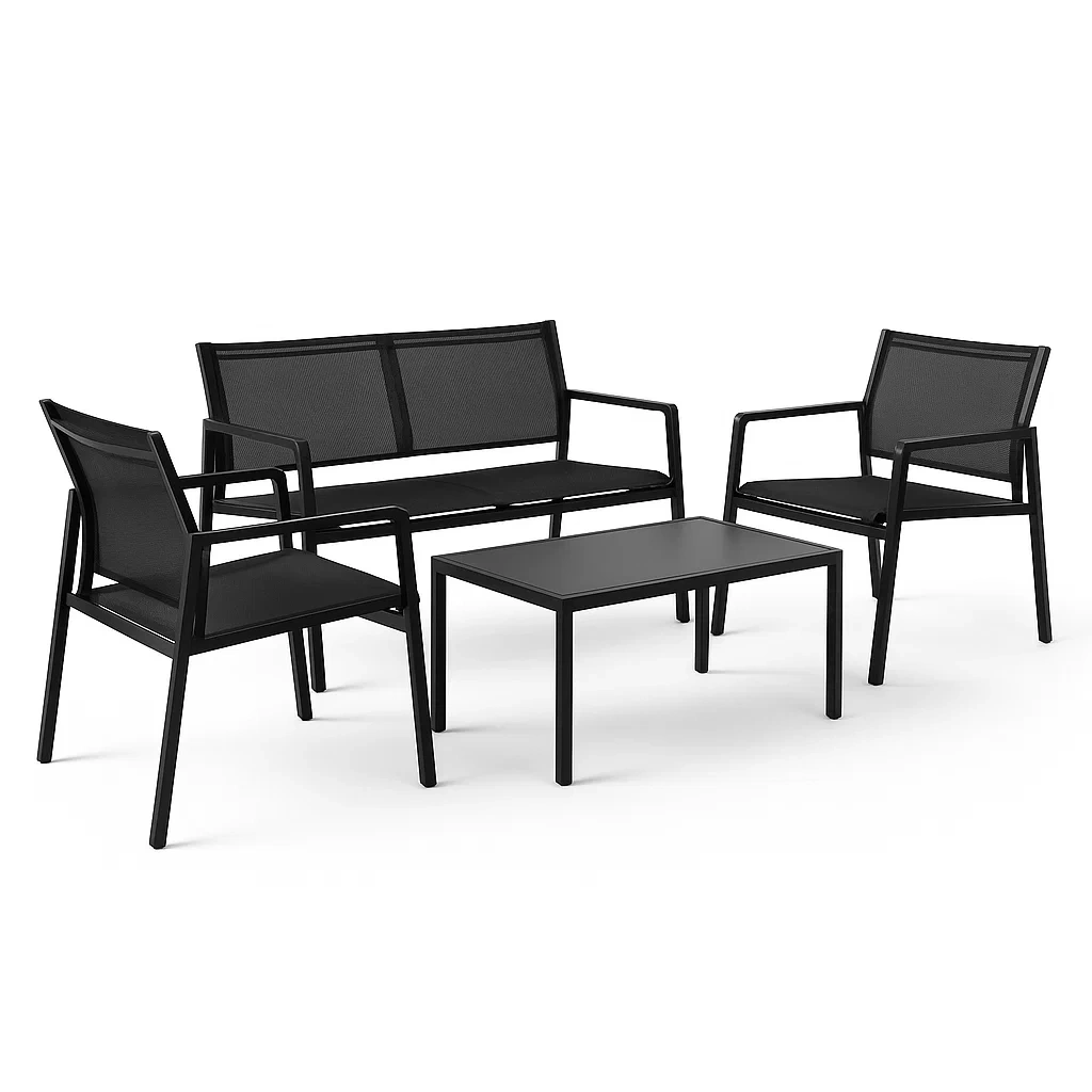Set salotto in metallo e textilene nero con divano, poltrone e tavolo