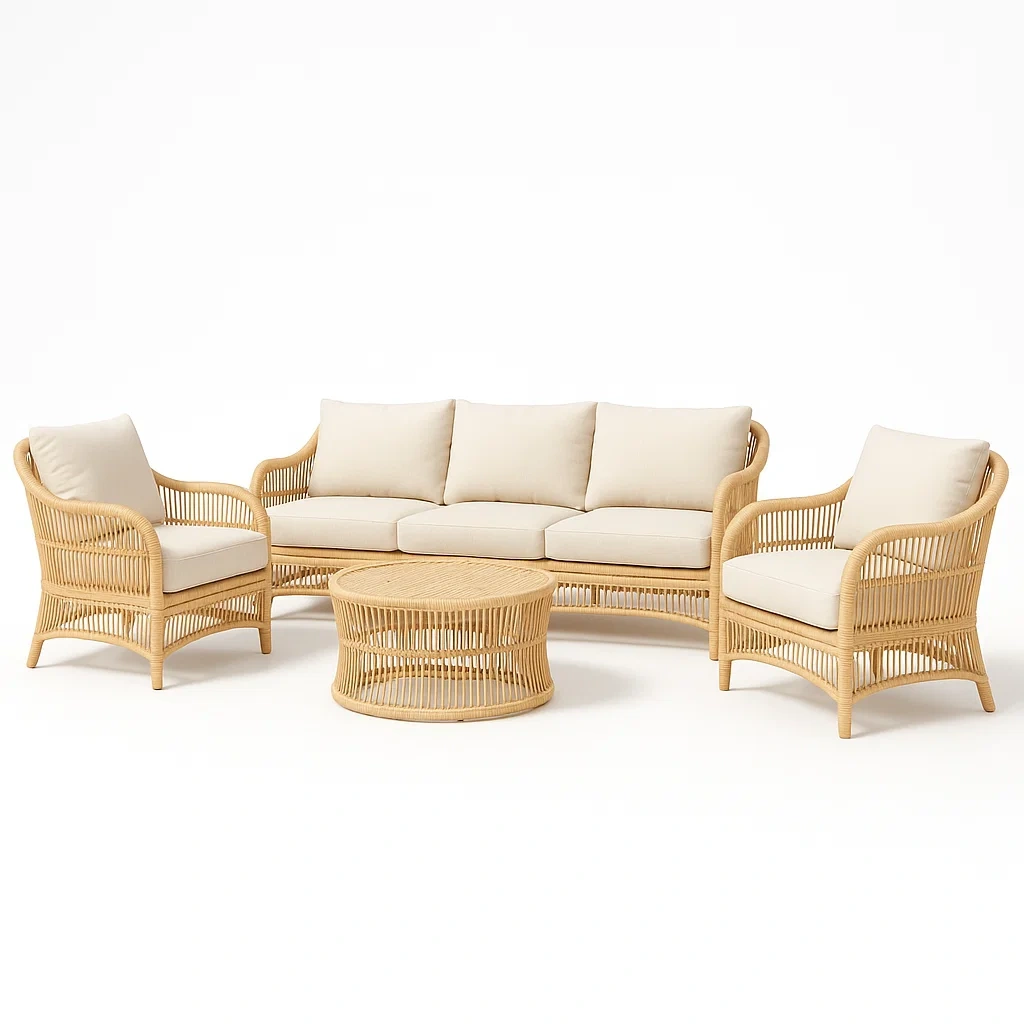 Set salotto in rattan con cuscini crema
