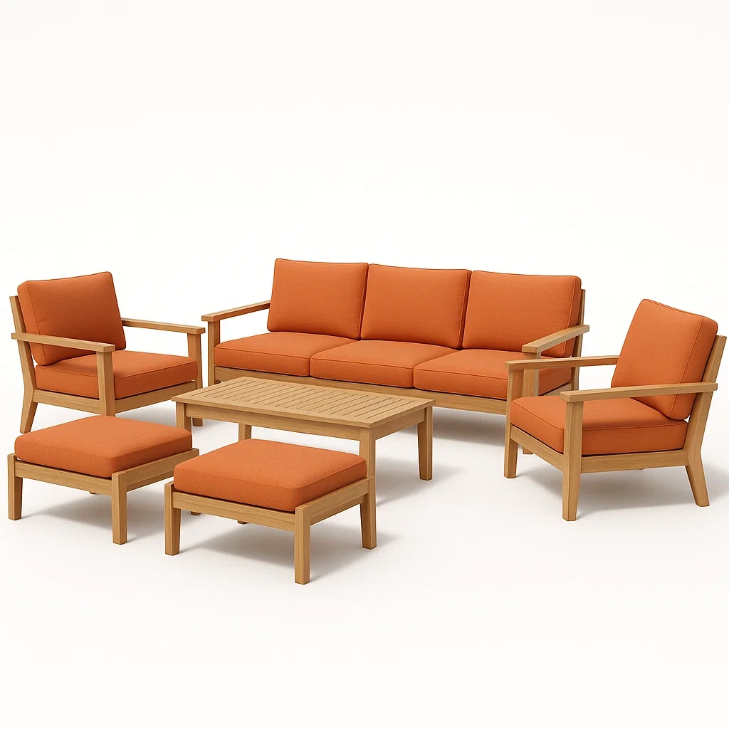 Set salotto in legno e tessuto arancione