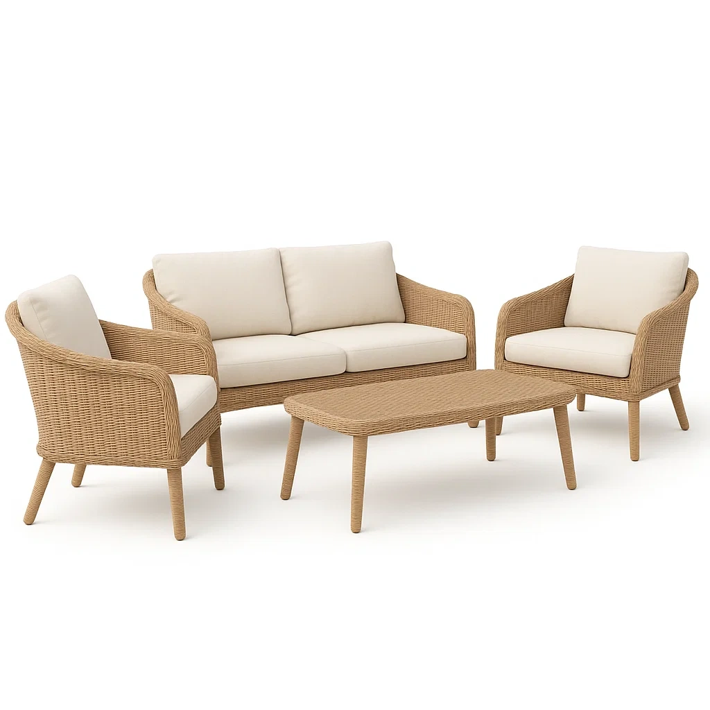 Set salotto in rattan con divano due posti, poltrone e tavolo rettangolare con cuscini crema