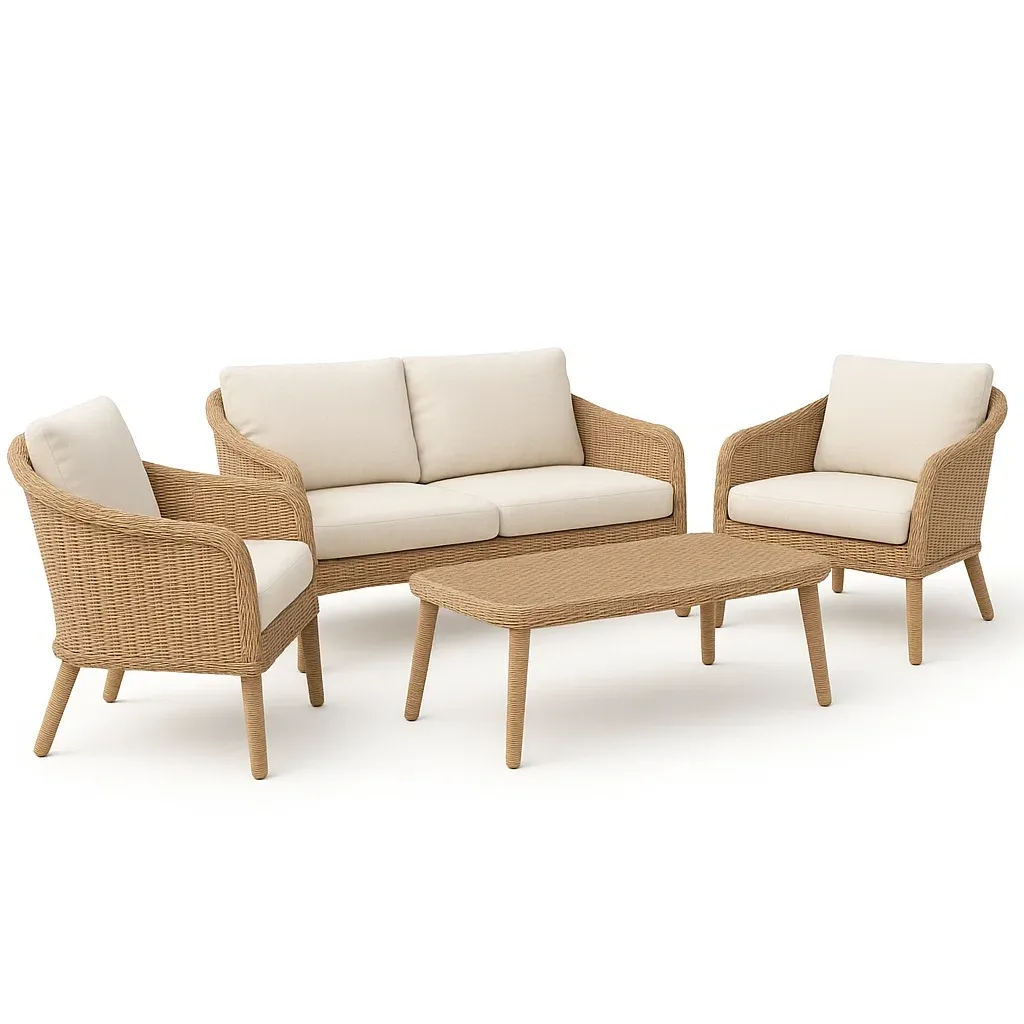 Set salotto in rattan con divano due posti, poltrone e tavolo rettangolare con cuscini crema