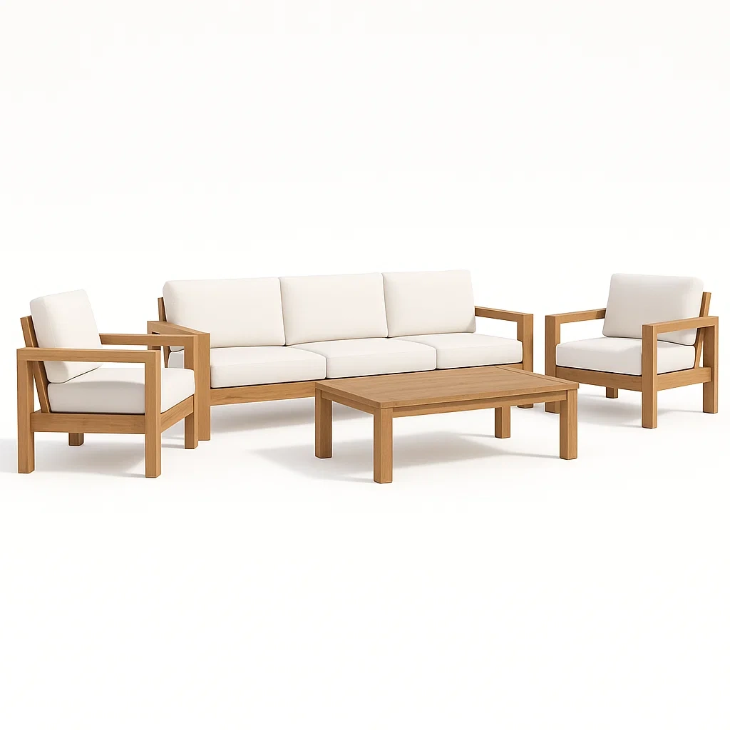 Set salotto in legno di teak con divano e poltrone con cuscini in tessuto beige