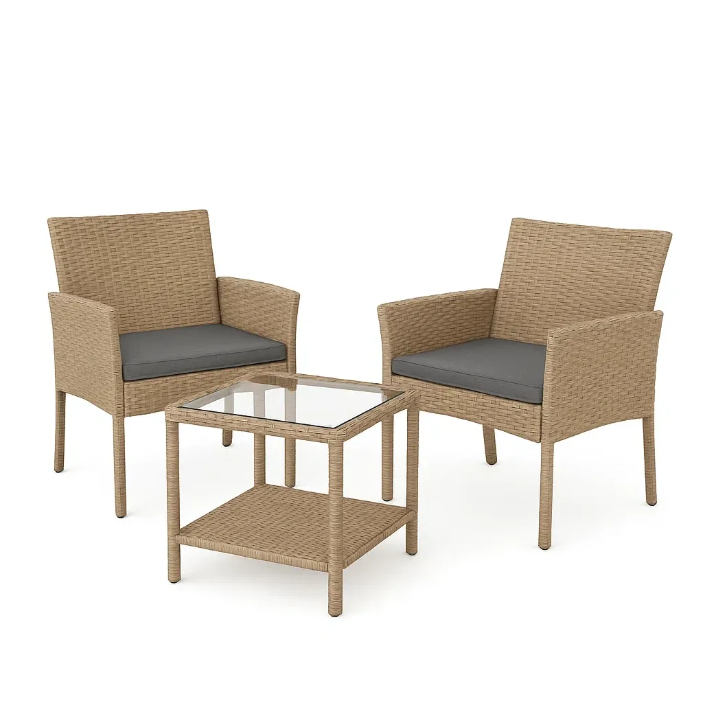 Set conversazione con 2 poltrone in rattan e tavolo in vetro trasparente