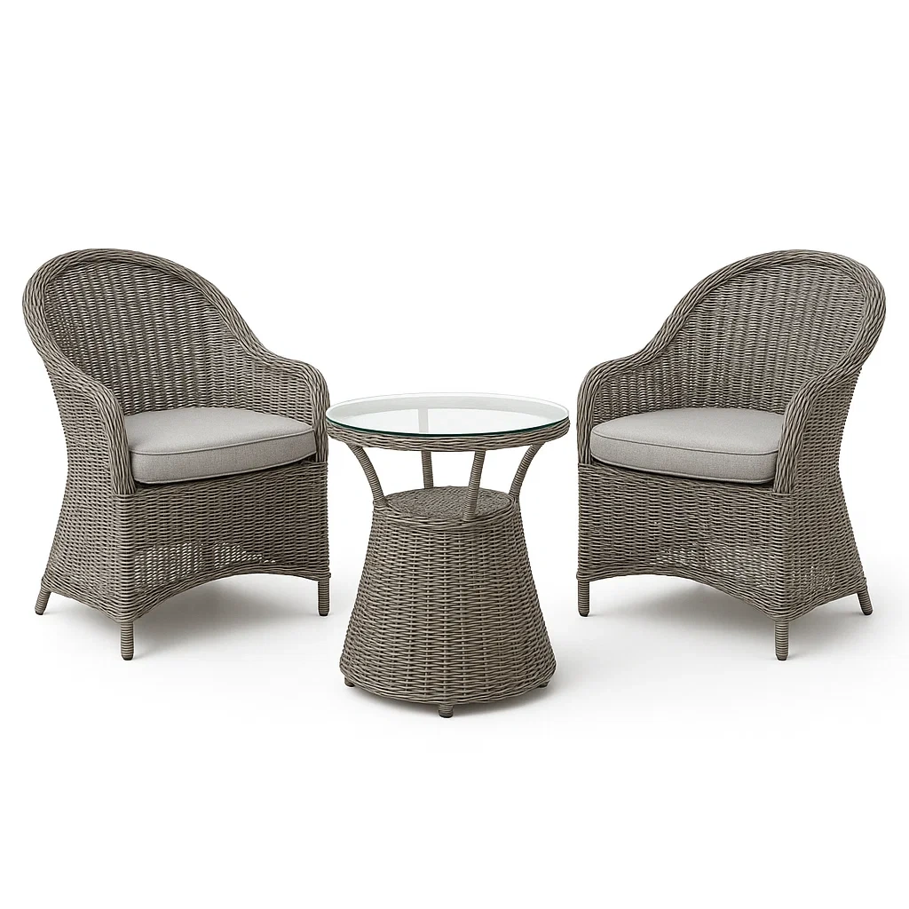 Set conversazione 3 pezzi in rattan sintetico grigio con tavolo in vetro