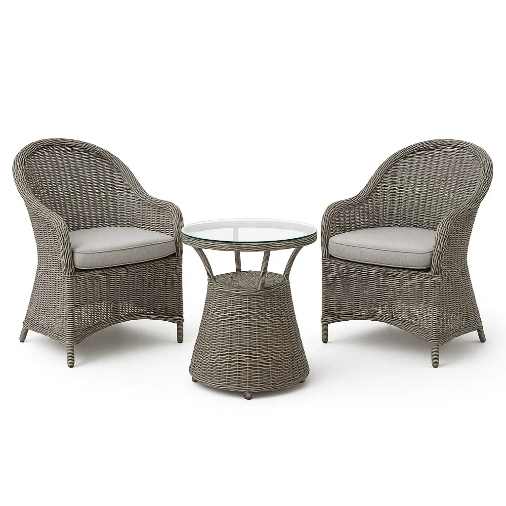 Set conversazione 3 pezzi in rattan sintetico grigio con tavolo in vetro