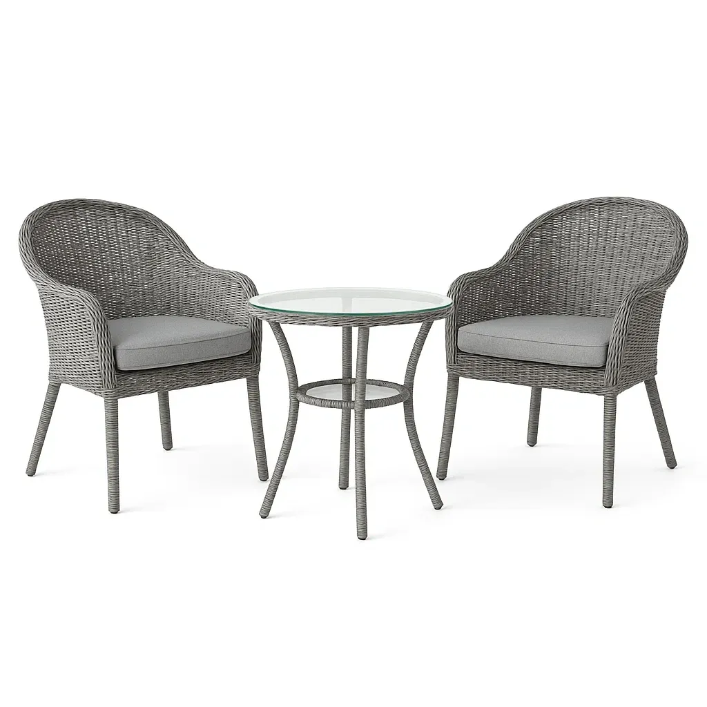 Set conversazione con tavolo in vetro temperato e sedie in rattan sintetico grigio