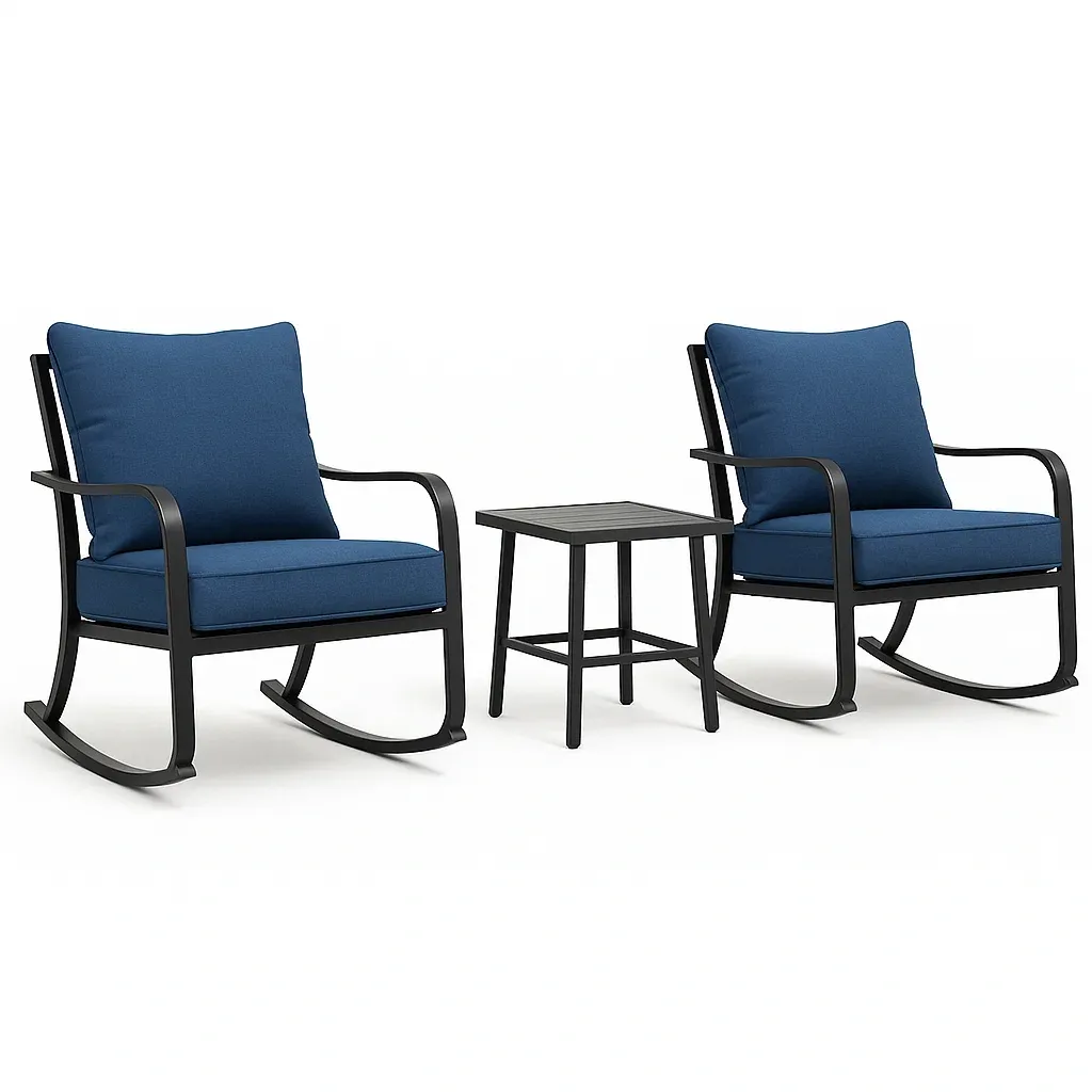 Set conversazione con 2 sedie a dondolo e tavolino in metallo e tessuto blu
