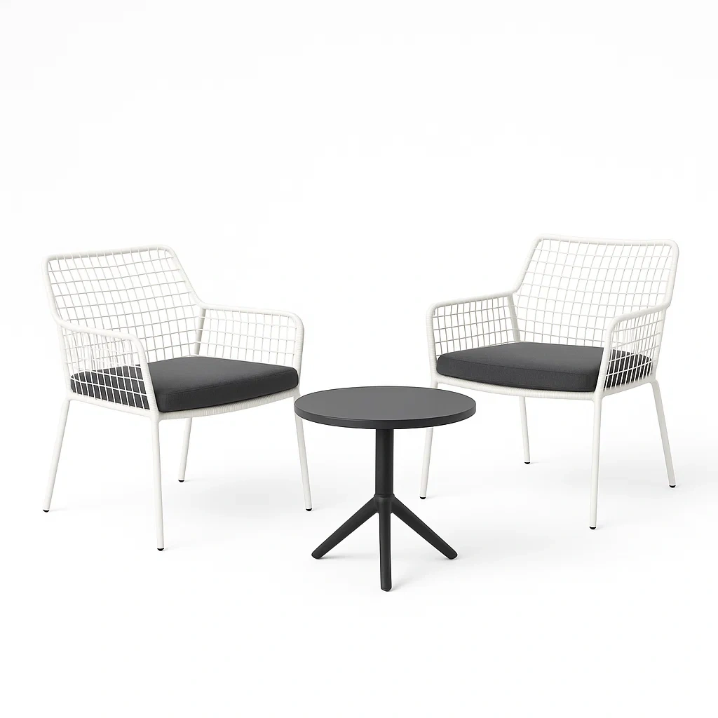 Set da bistrot da esterno in acciaio bianco e alluminio nero con 2 sedie e tavolino rotondo