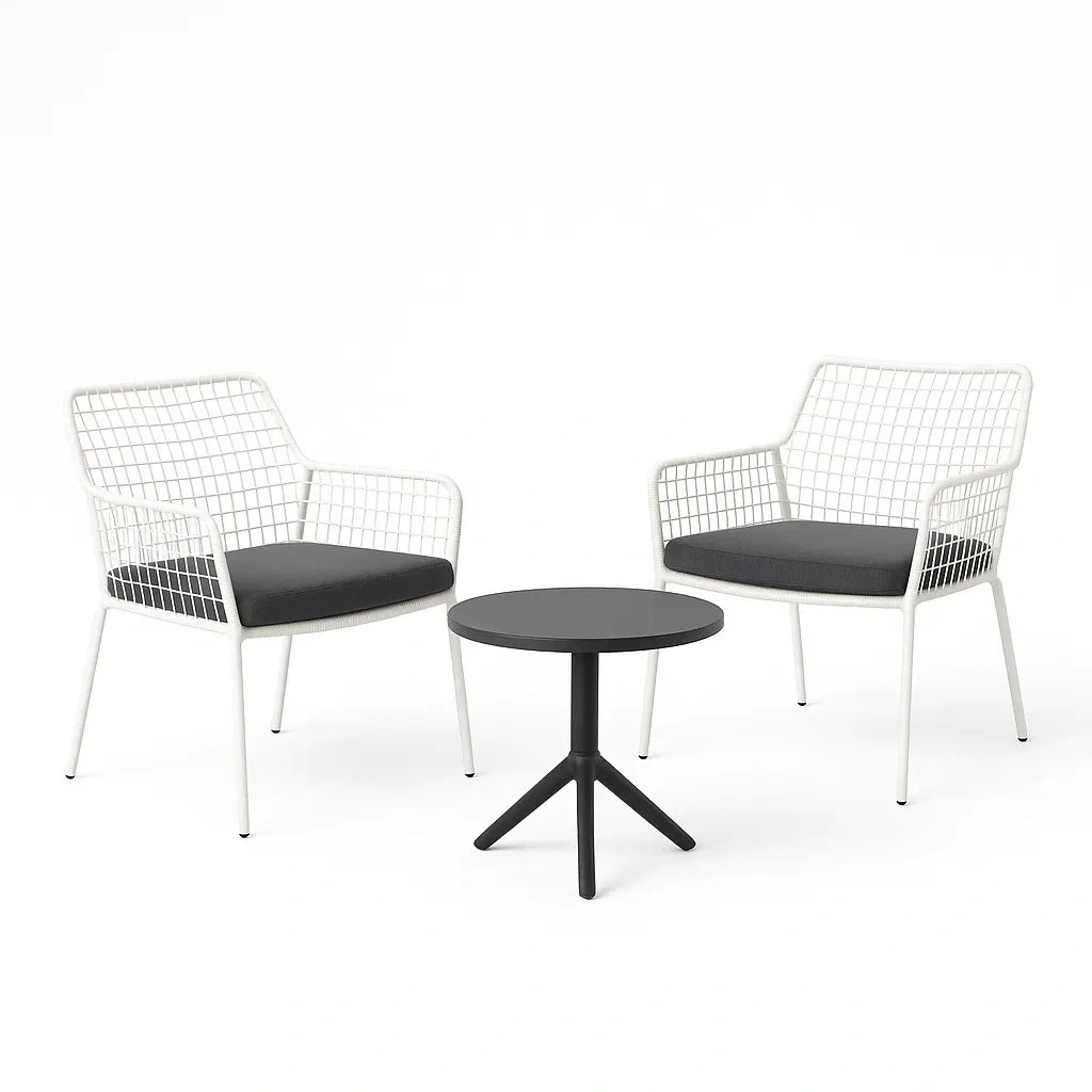 Set da bistrot da esterno in acciaio bianco e alluminio nero con 2 sedie e tavolino rotondo