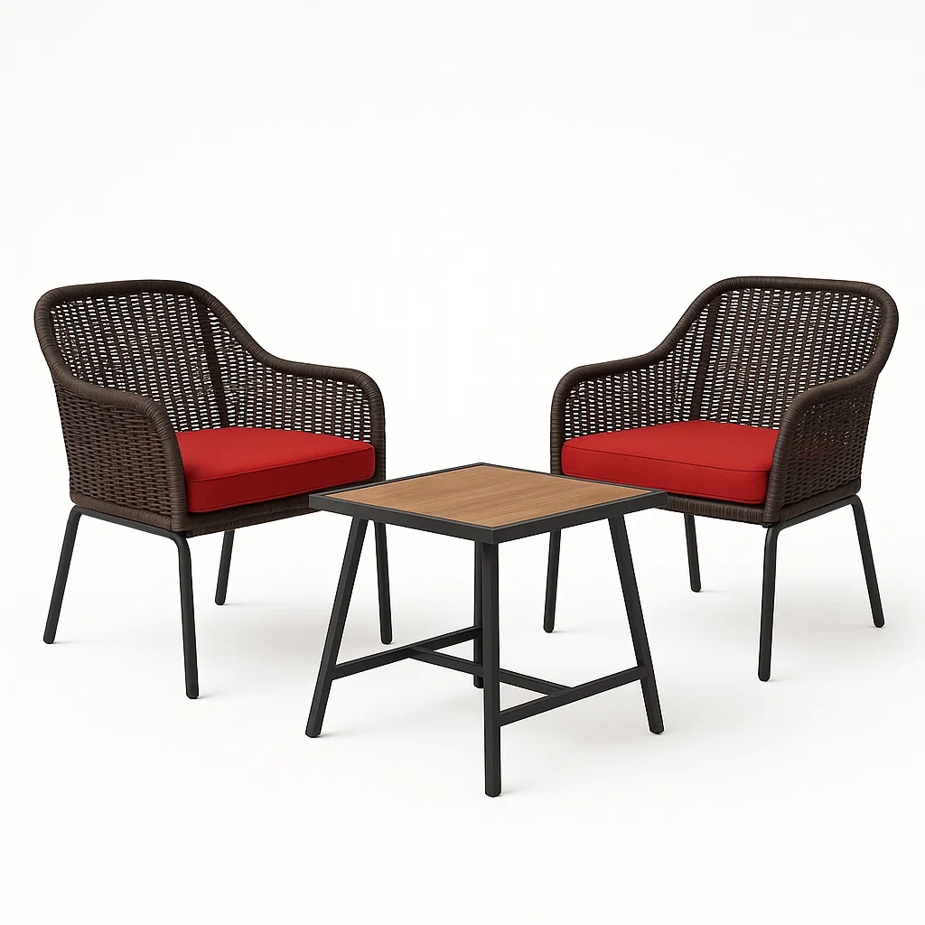 Set conversazione 3 pezzi in rattan con cuscini rossi e tavolo in legno e metallo