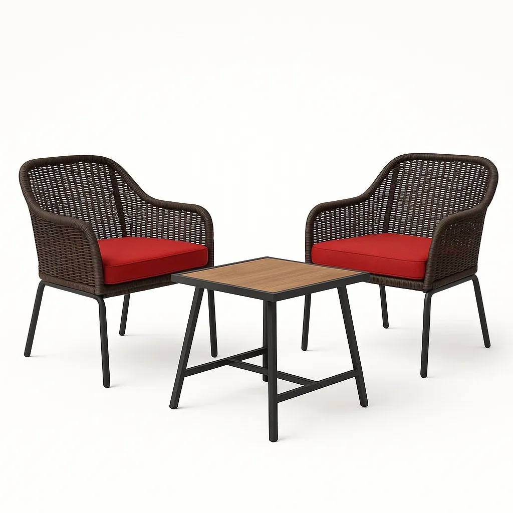 Set conversazione 3 pezzi in rattan con cuscini rossi e tavolo in legno e metallo