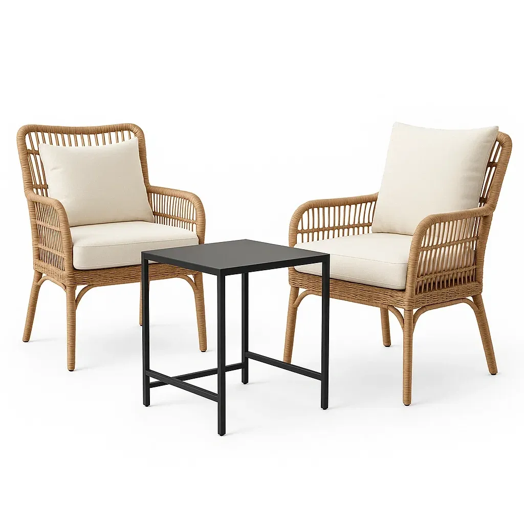 Set conversazione con 2 poltrone in polirattan e tavolino in alluminio con cuscini beige