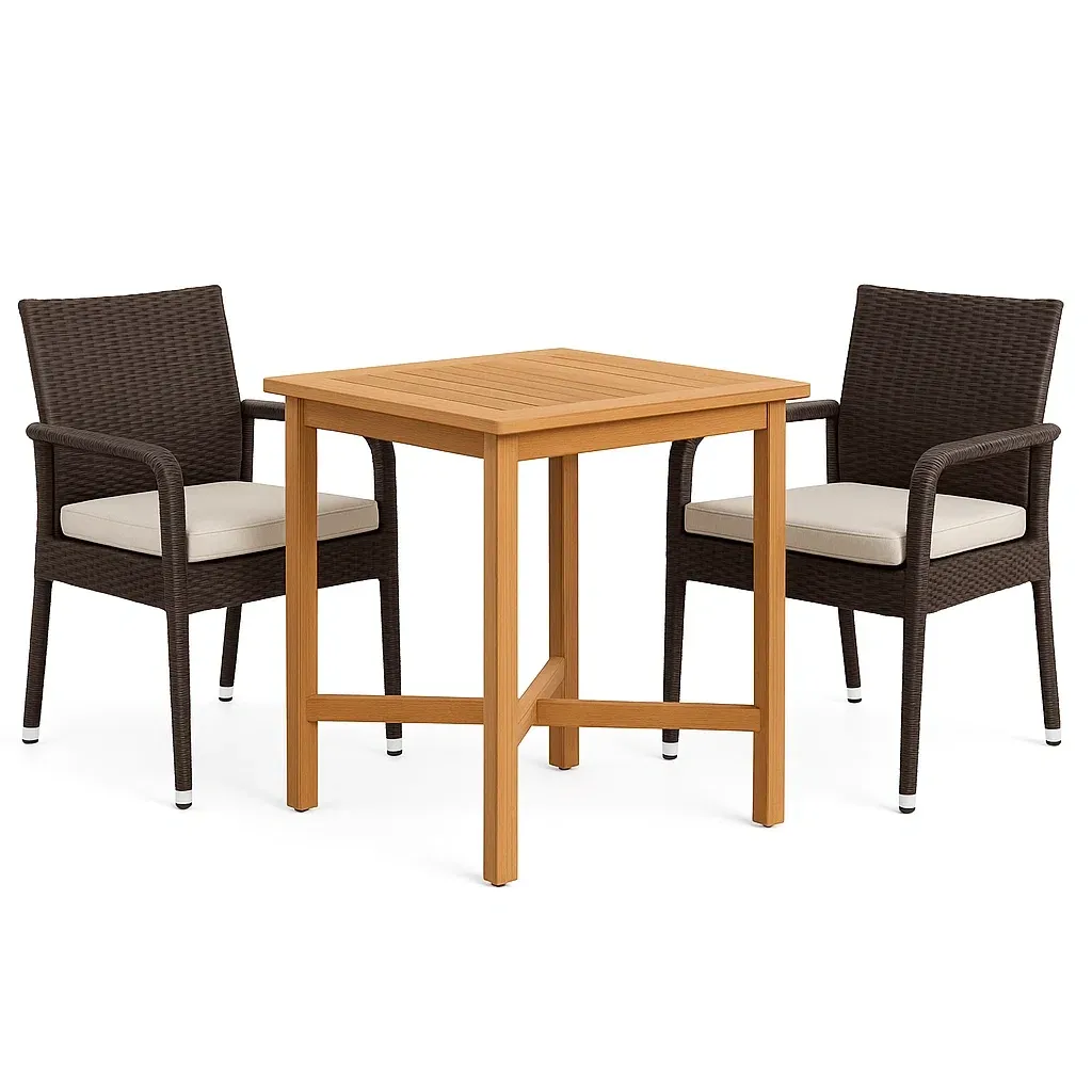 Set conversazione in legno di acacia con 2 sedie in rattan sintetico e cuscini in poliestere