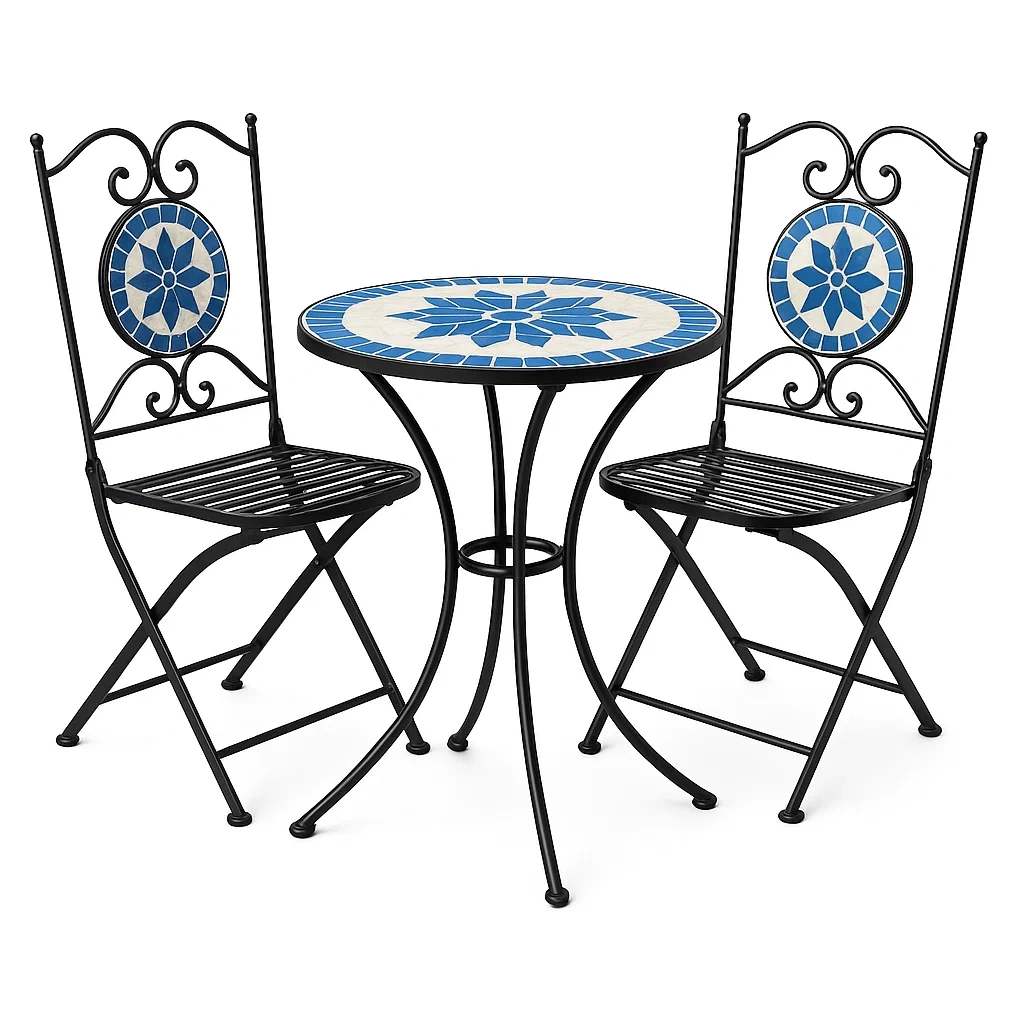 Set conversazione bistrot con tavolo rotondo in mosaico blu e sedie pieghevoli in ferro nero