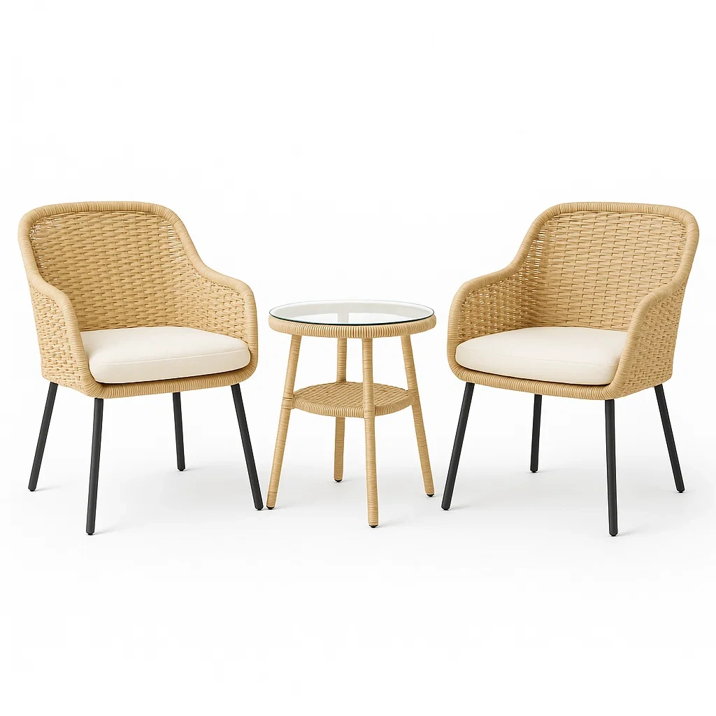 Set conversazione in rattan sintetico con tavolo in vetro temperato