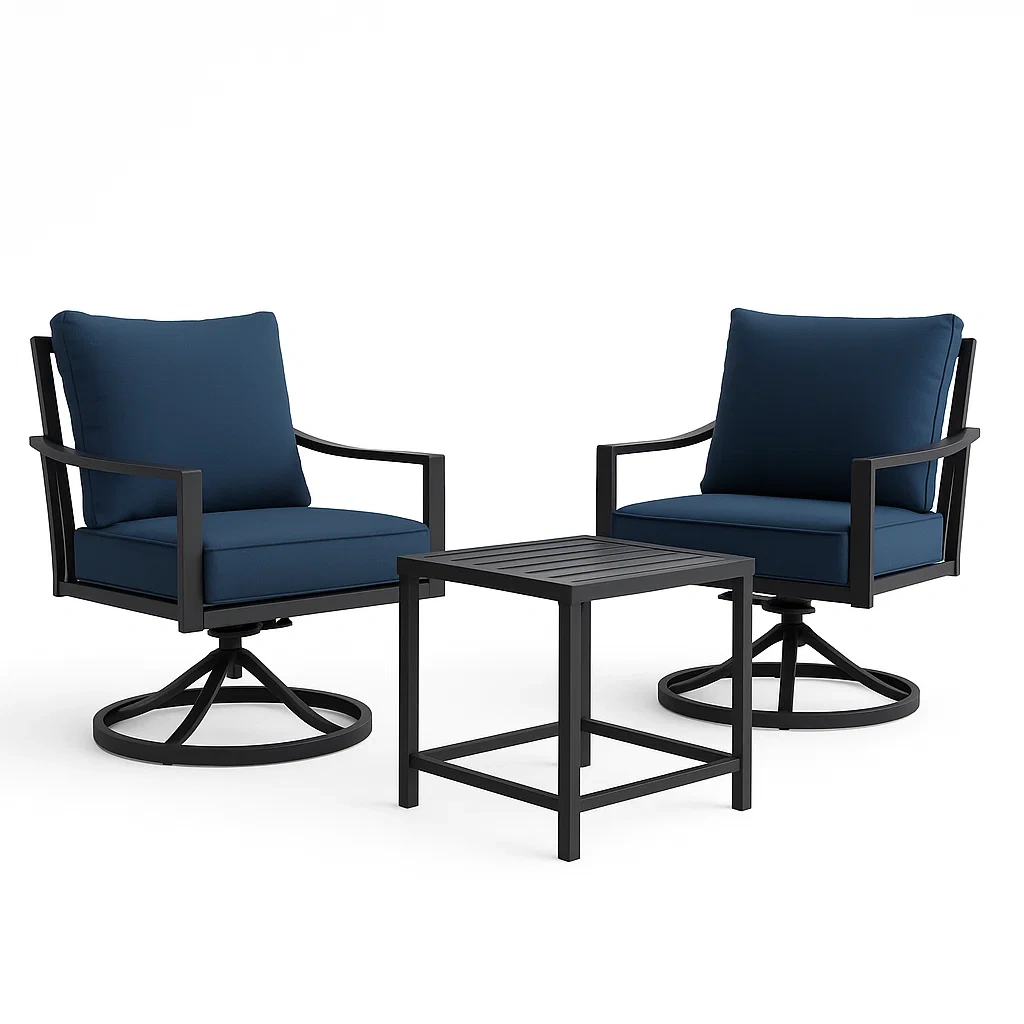 Set conversazione con 2 poltrone girevoli e tavolino in metallo e tessuto blu