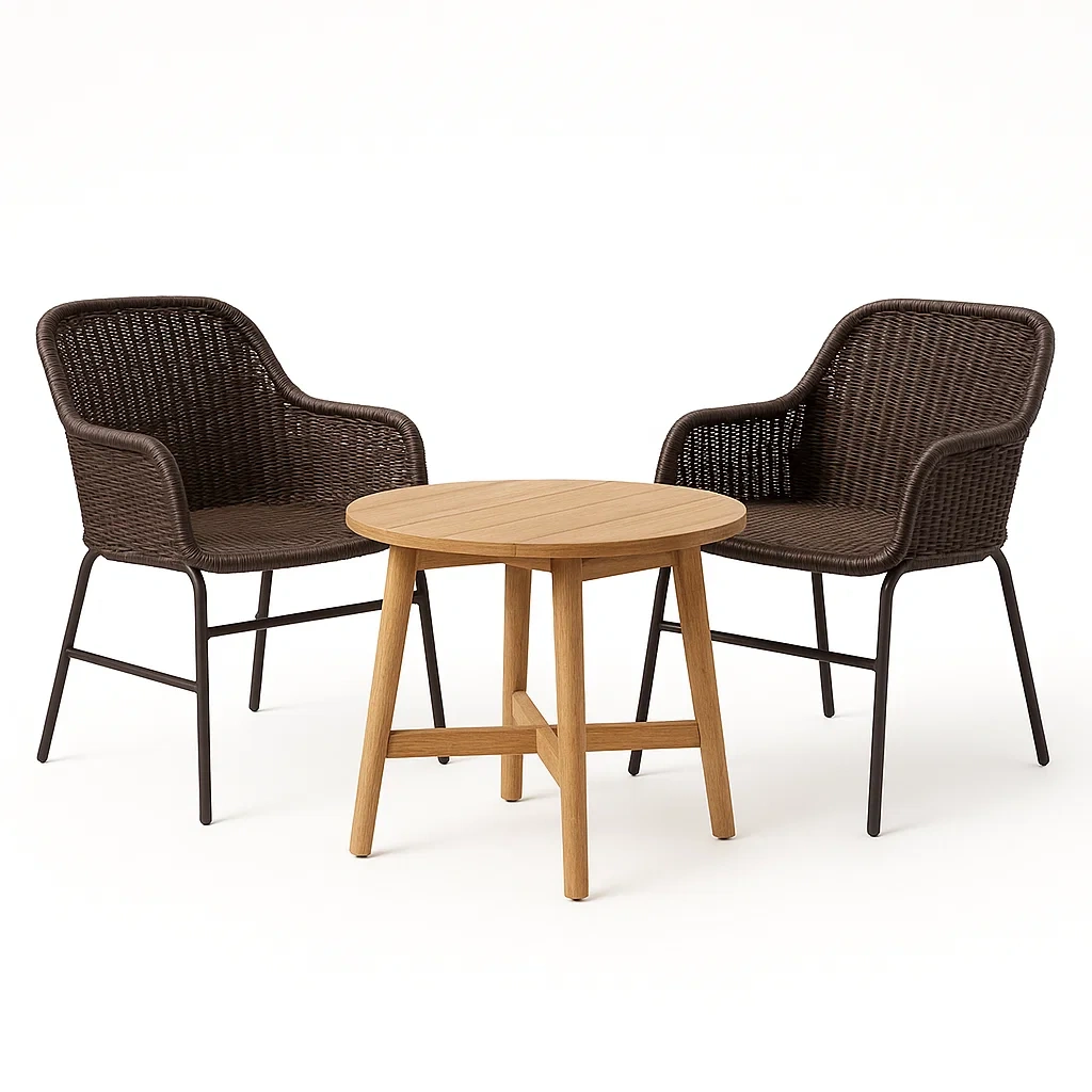 Set conversazione rotondo in rattan sintetico e legno con sedie abbinate