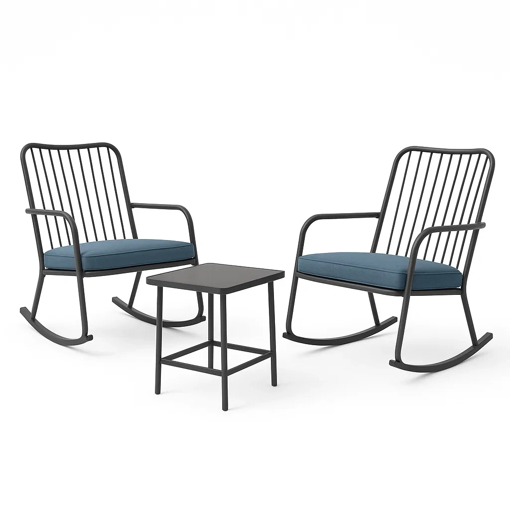 Set conversazione con 2 sedie a dondolo in metallo e tavolino con cuscini blu