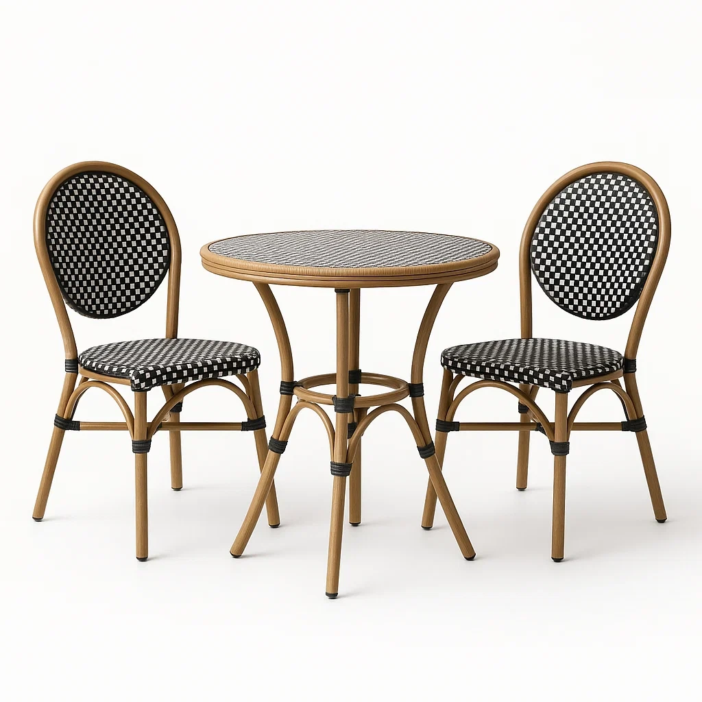 Set conversazione in rattan e tessuto a quadri nero/bianco con tavolo e sedie