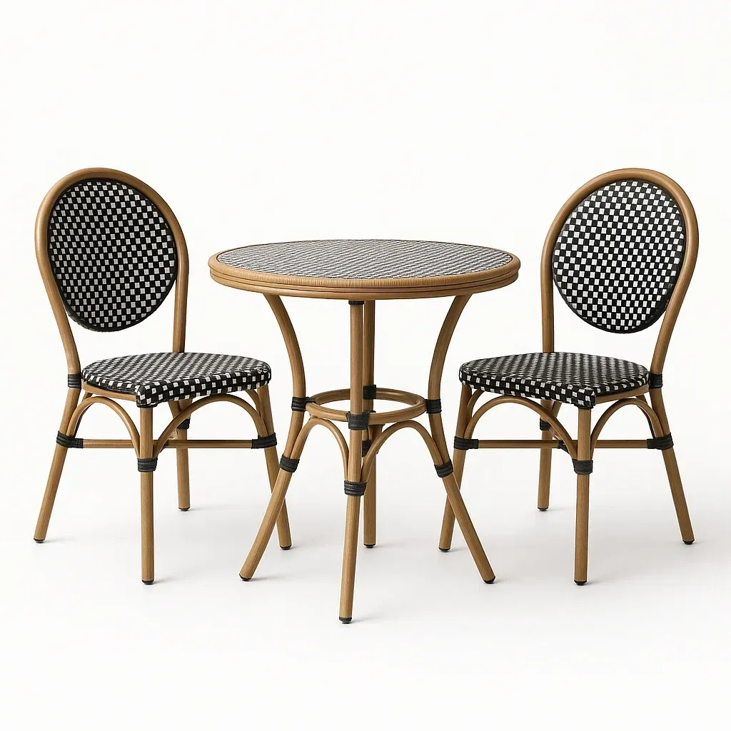 Set conversazione in rattan e tessuto a quadri nero/bianco con tavolo e sedie