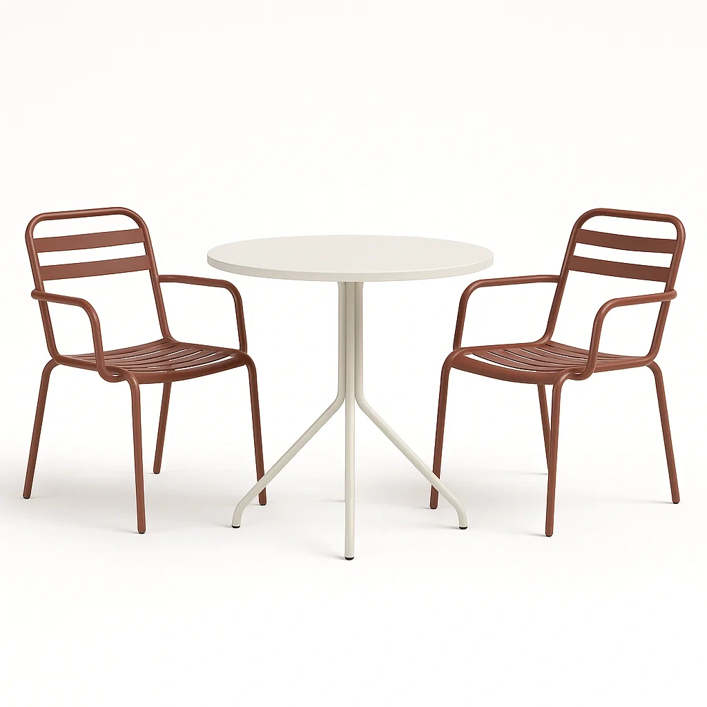 Set conversazione rotondo in acciaio verniciato bianco e marrone per esterno