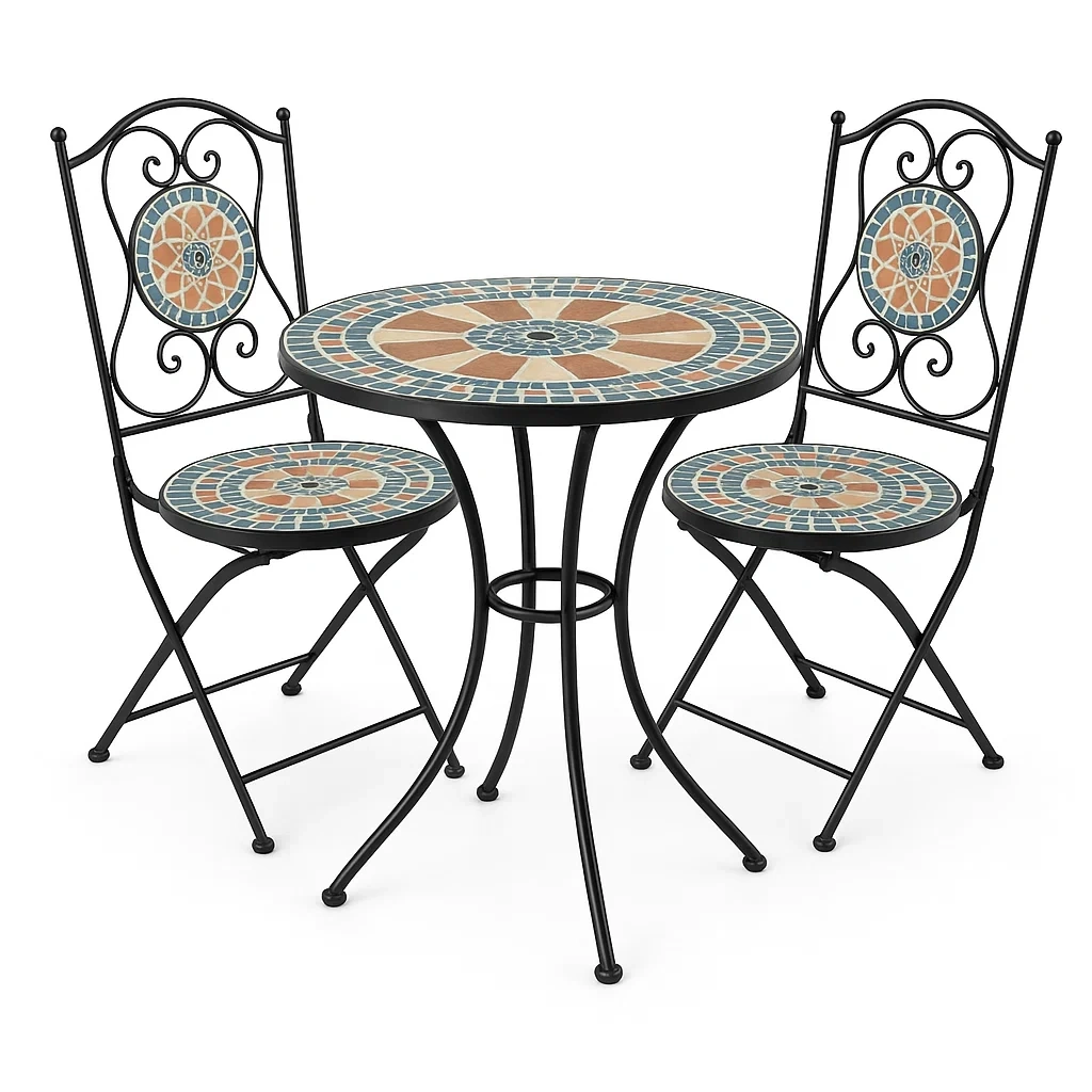 Set conversazione in metallo e mosaico con tavolo rotondo e sedie pieghevoli