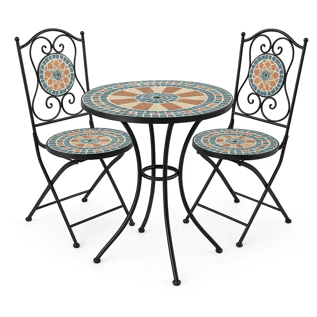 Set conversazione in metallo e mosaico con tavolo rotondo e sedie pieghevoli