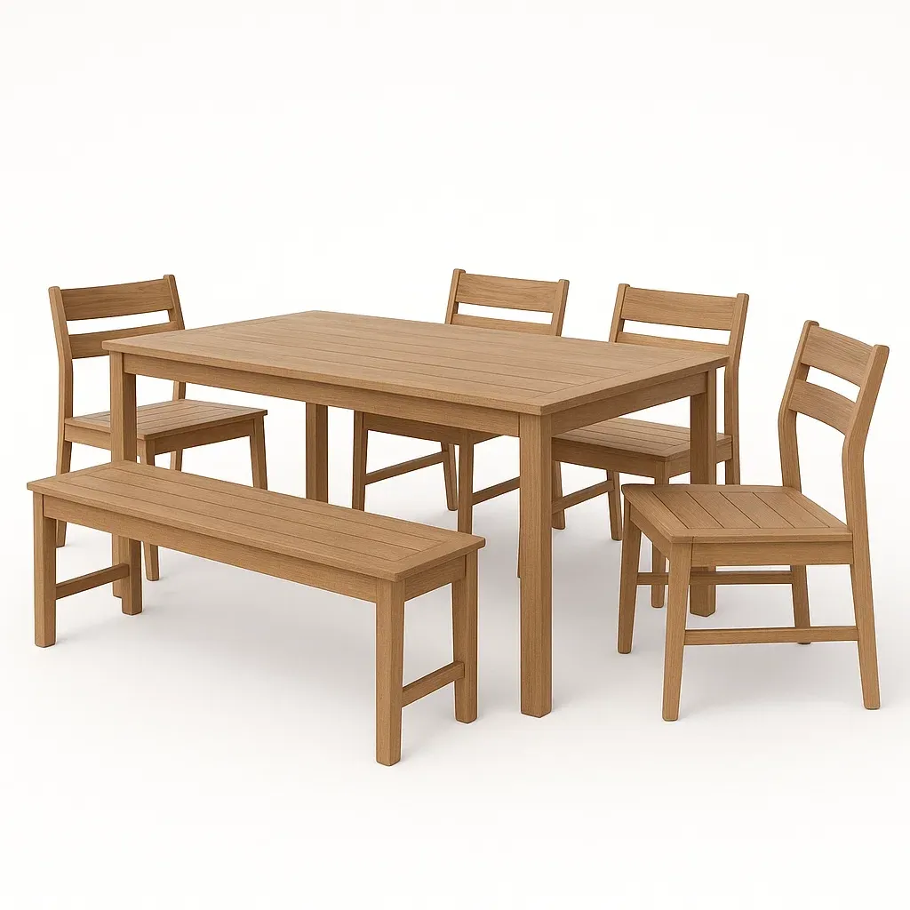 Set tavolo e sedie in legno di quercia con 4 sedie e panca abbinata