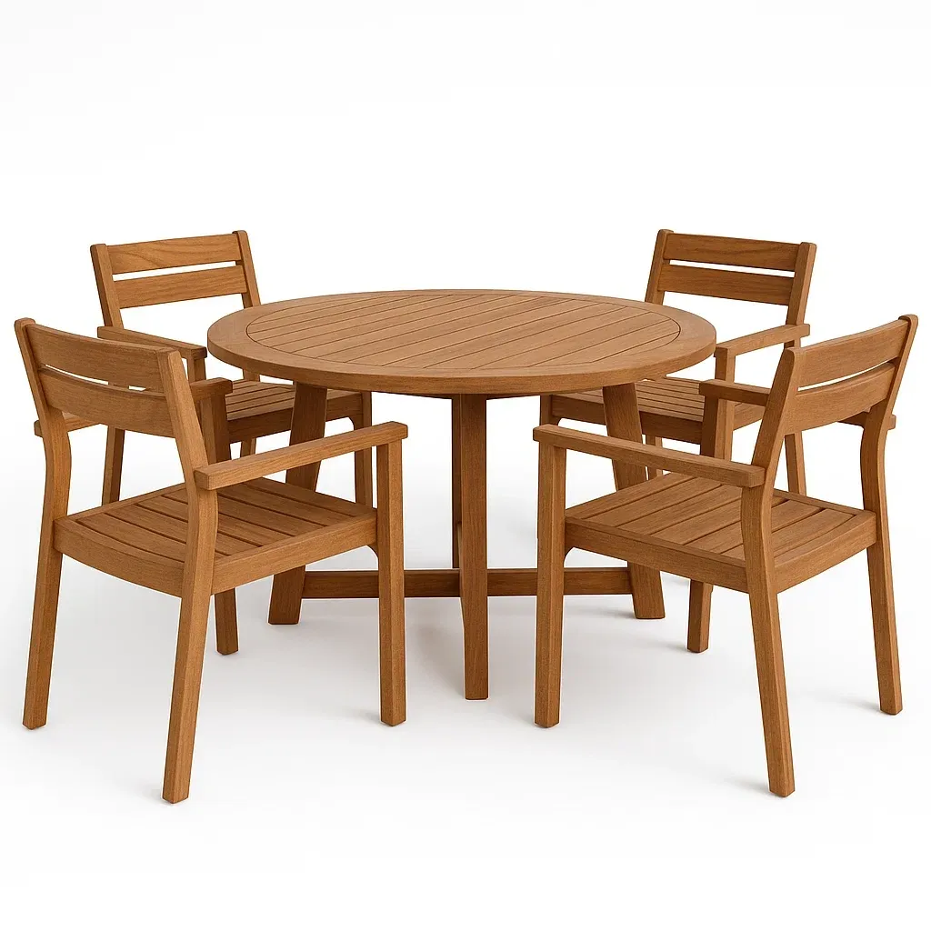 Set tavolo e sedie rotondo in legno massello di teak per esterno con 4 sedie