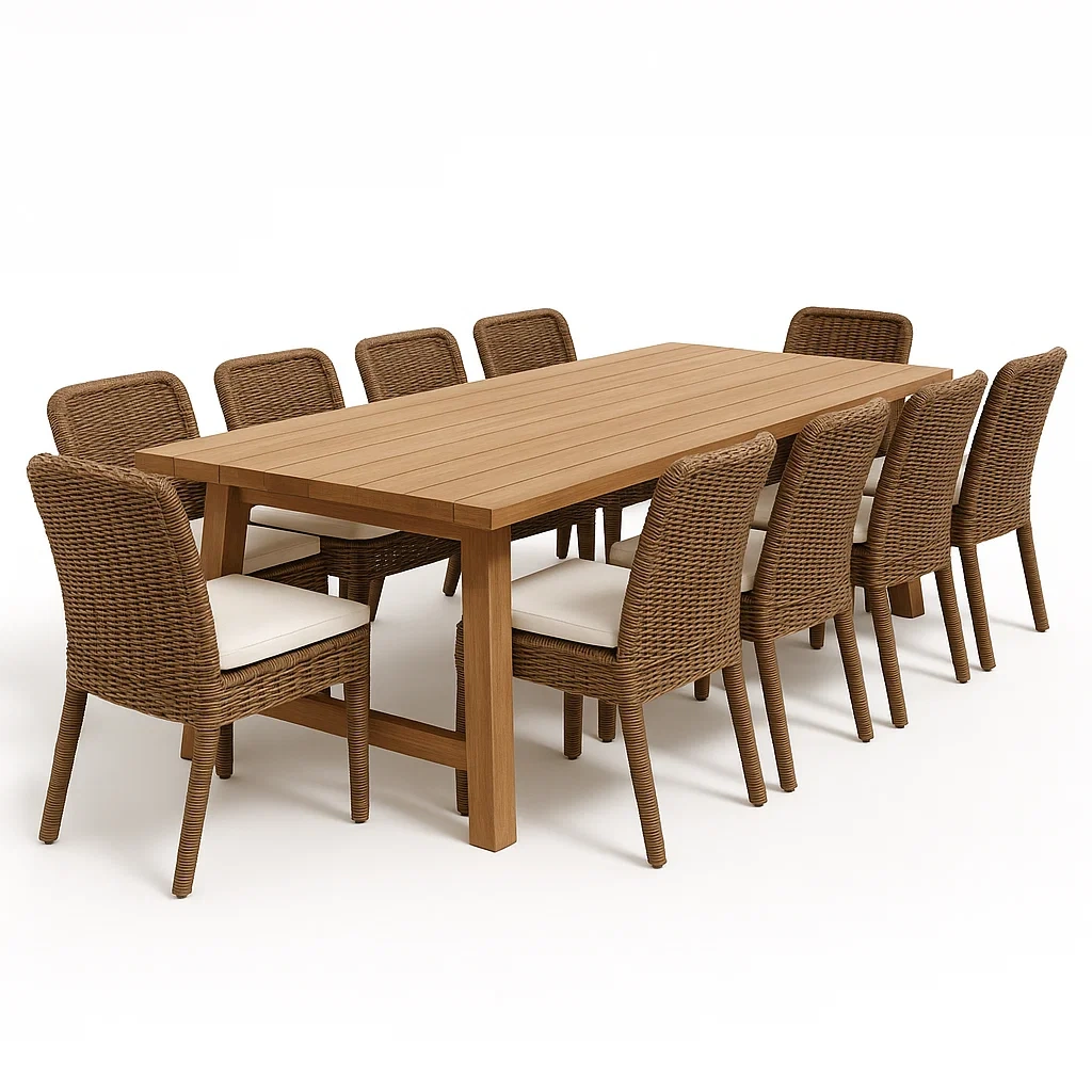 Set tavolo e sedie rettangolare in legno con sedie in rattan sintetico e cuscini bianchi