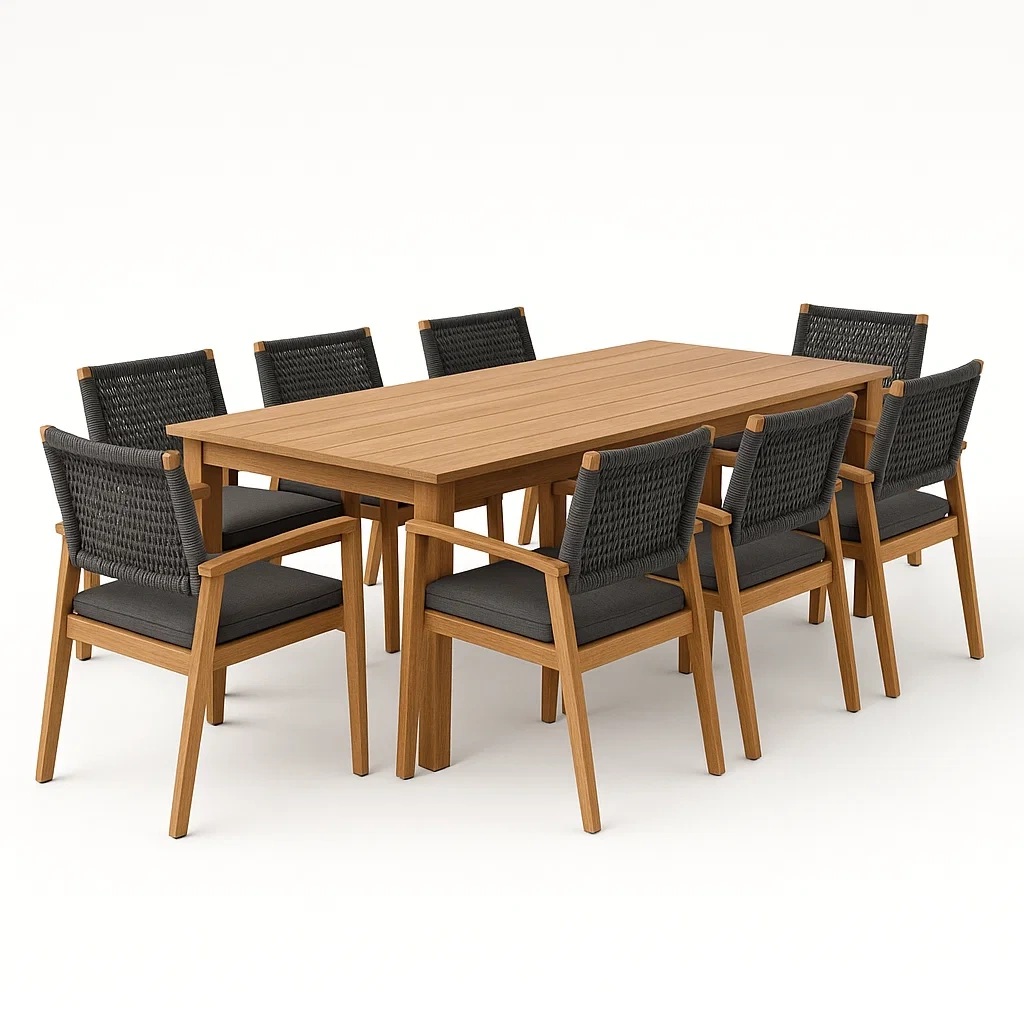 Set tavolo e sedie rettangolare in teak con 8 sedie in corda intrecciata nera