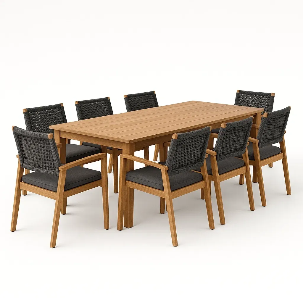 Set tavolo e sedie rettangolare in teak con 8 sedie in corda intrecciata nera