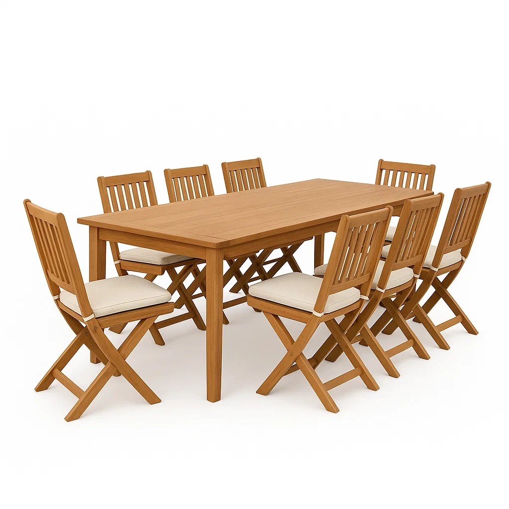 Set tavolo e sedie rettangolare in legno con 8 sedie pieghevoli e cuscini coordinati