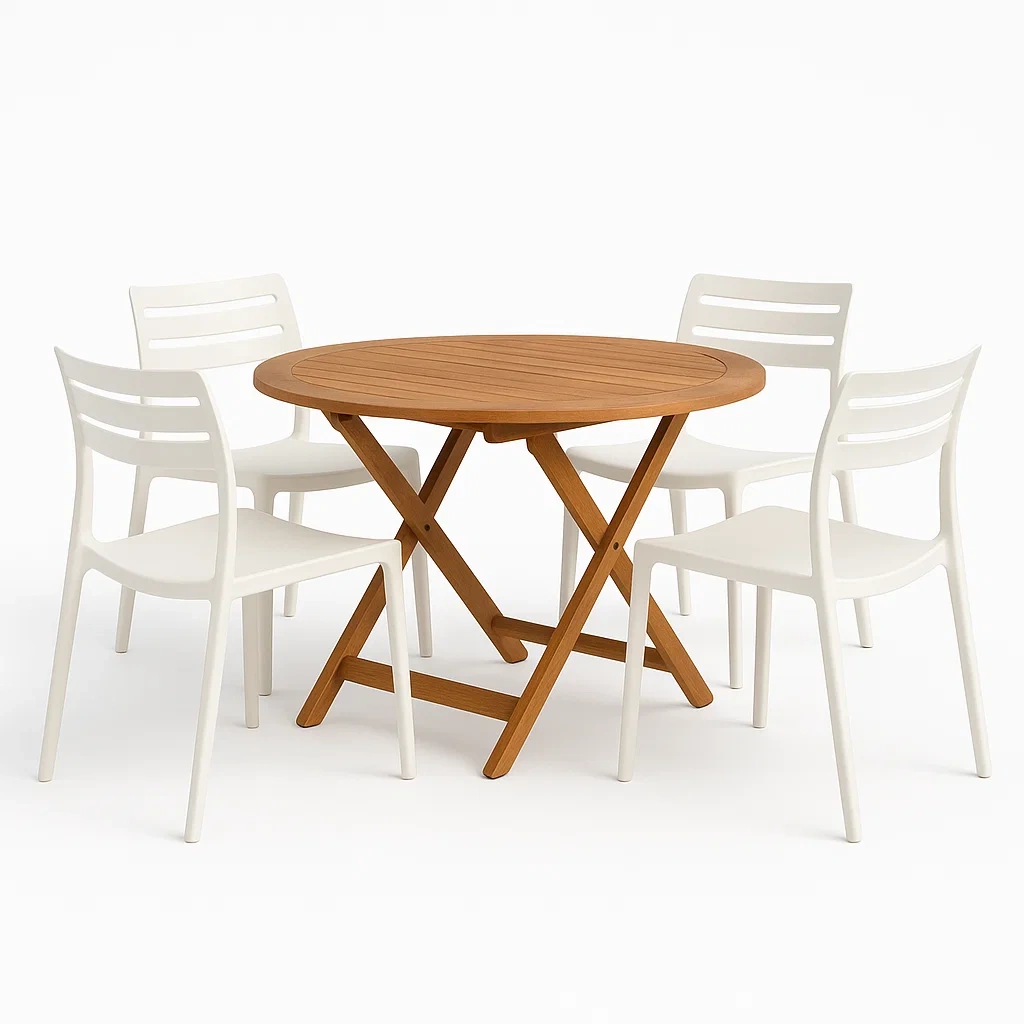 Set tavolo e sedie da esterno in legno e plastica bianca