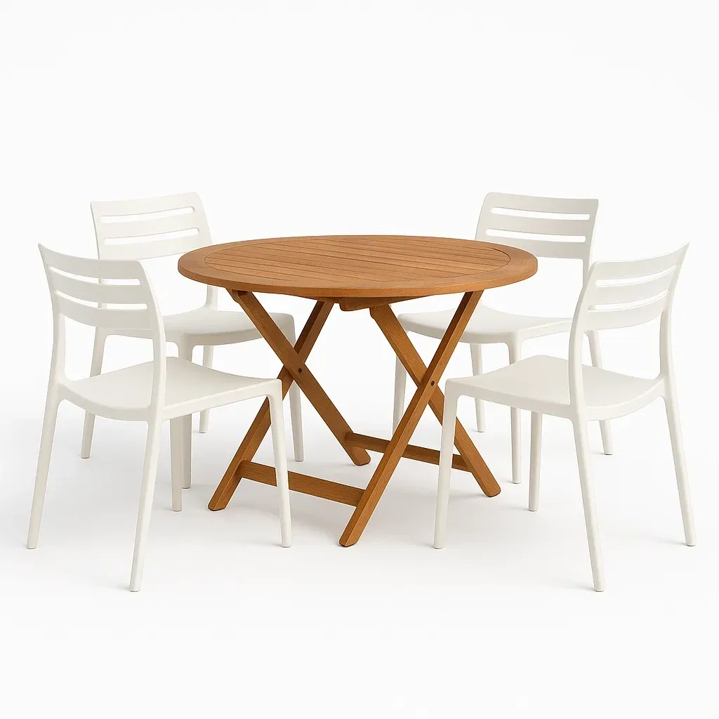 Set tavolo e sedie da esterno in legno e plastica bianca