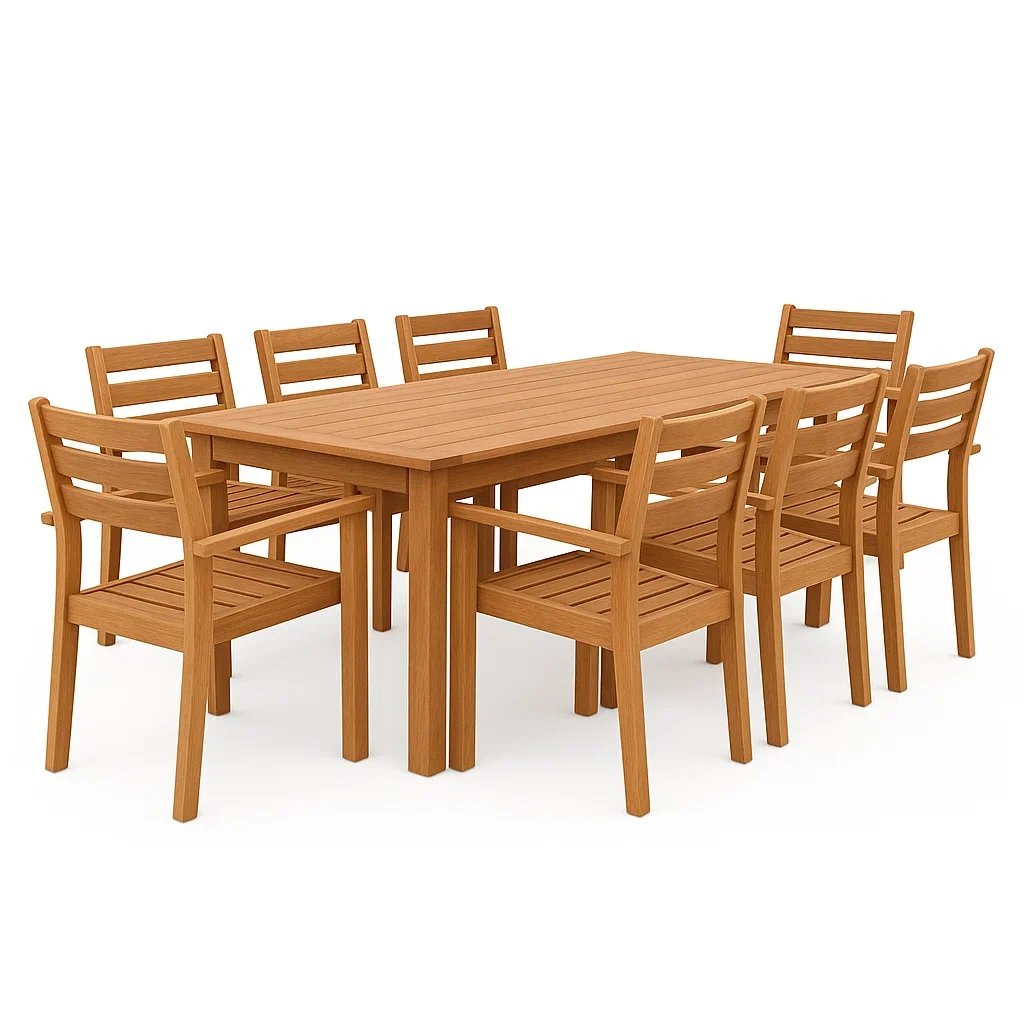 Set tavolo e sedie rettangolare in legno di acacia con 8 sedie 200x100 cm