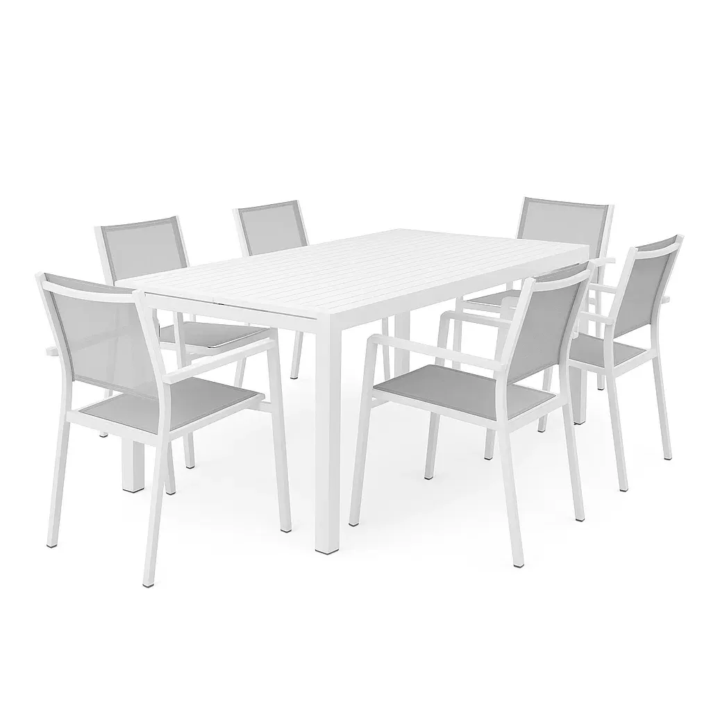 Set tavolo e sedie in alluminio con 6 sedie in textilene bianco/grigio