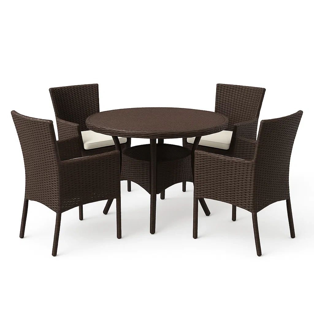 Set tavolo e sedie rotondo in rattan sintetico marrone con 4 sedie
