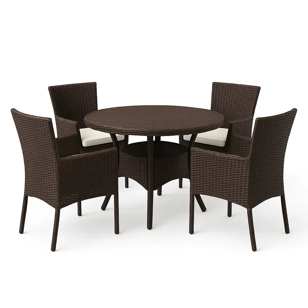 Set tavolo e sedie rotondo in rattan sintetico marrone con 4 sedie