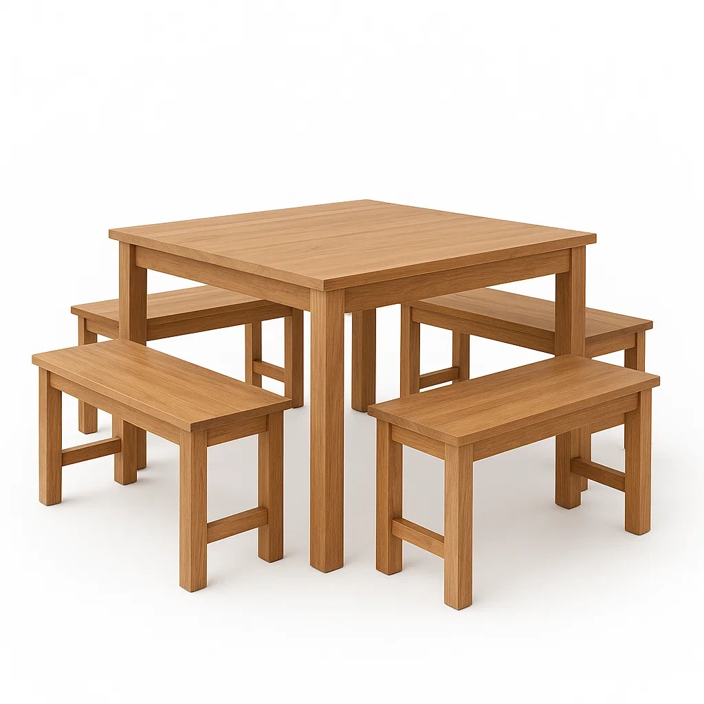 Set tavolo e sedie quadrato con panchine in legno massello