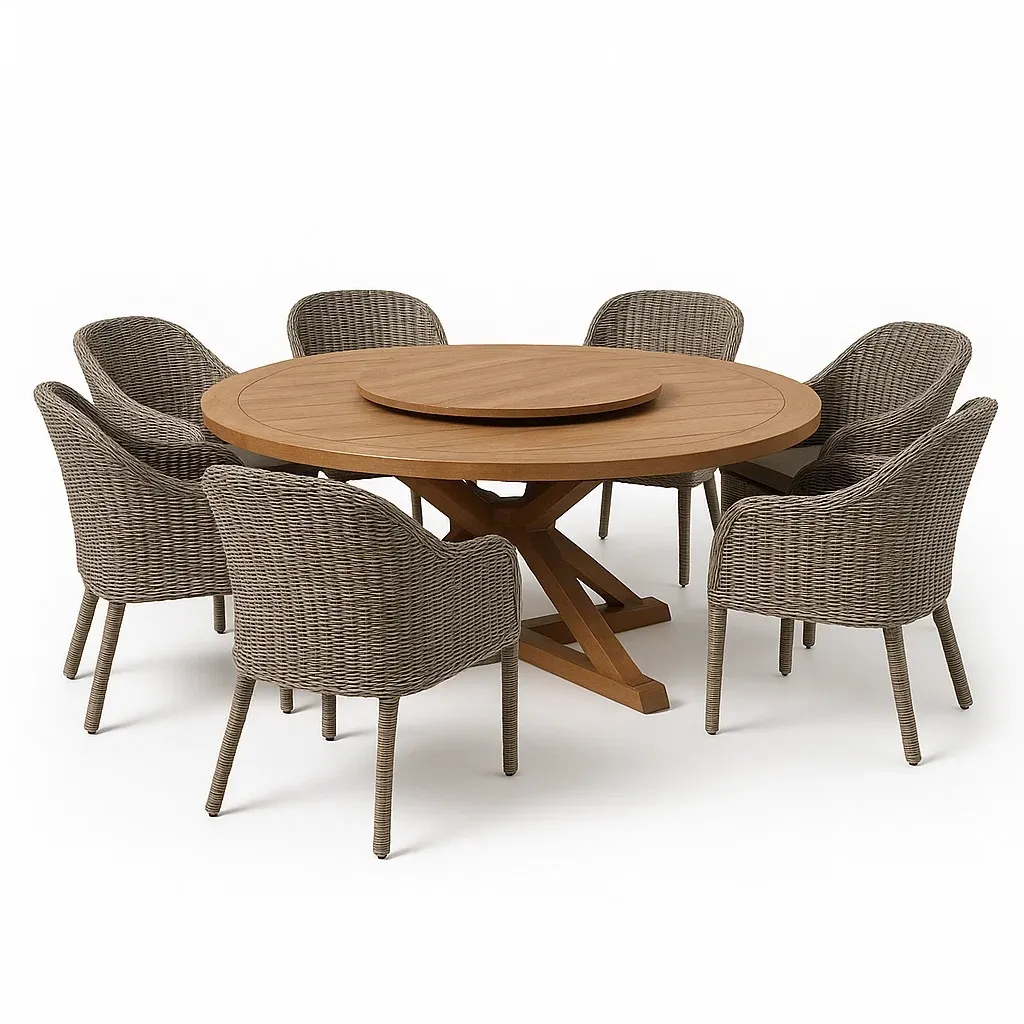 Set tavolo e sedie rotondo in legno con 7 sedie in rattan sintetico