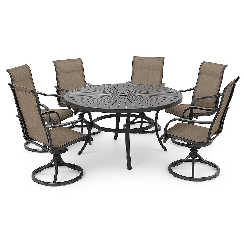 Set tavolo e sedie rotondo in alluminio con sedie girevoli in textilene marrone