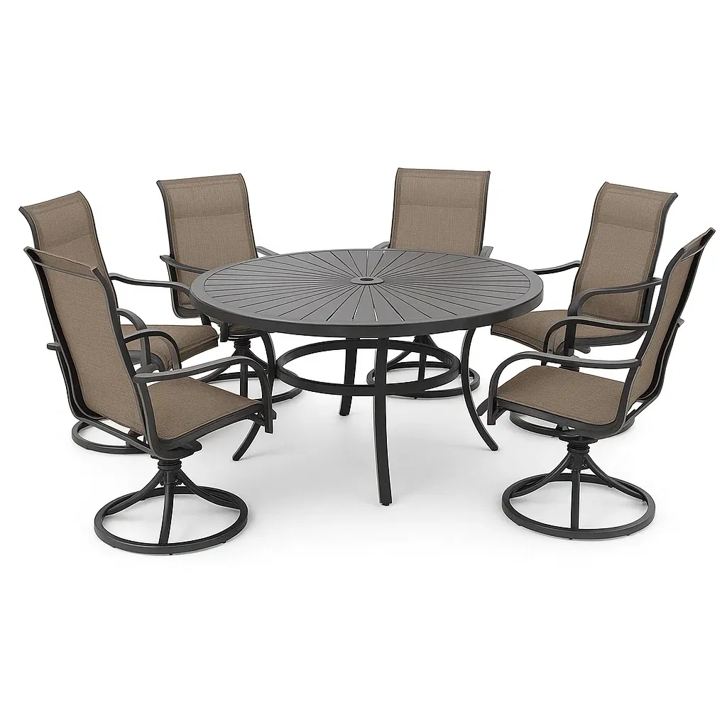 Set tavolo e sedie rotondo in alluminio con sedie girevoli in textilene marrone