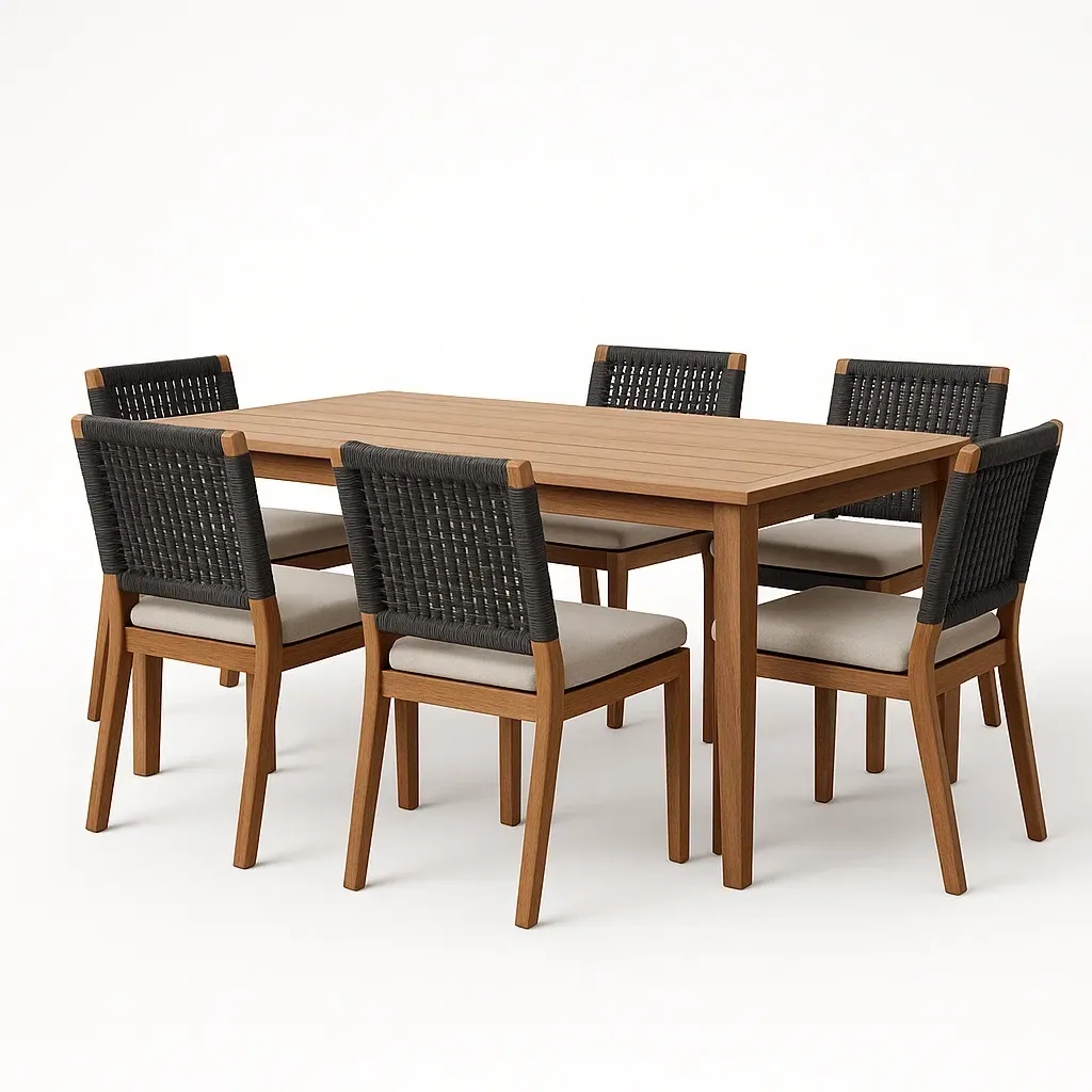 Set tavolo e sedie rettangolare in legno massello e corde intrecciate marrone/nero con 6 sedie