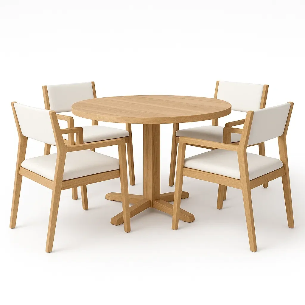 Set tavolo e sedie rotondo in legno con 4 sedie rivestite in tessuto sintetico