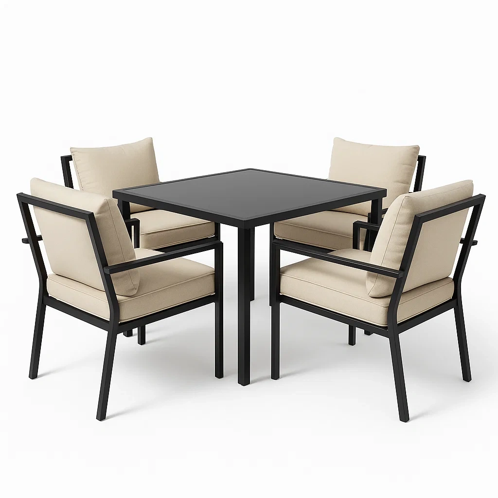 Set tavolo e sedie quadrato in metallo con sedie imbottite