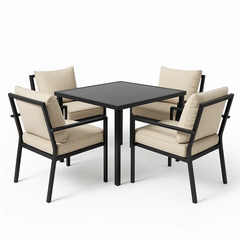 Set tavolo e sedie quadrato in metallo con sedie imbottite